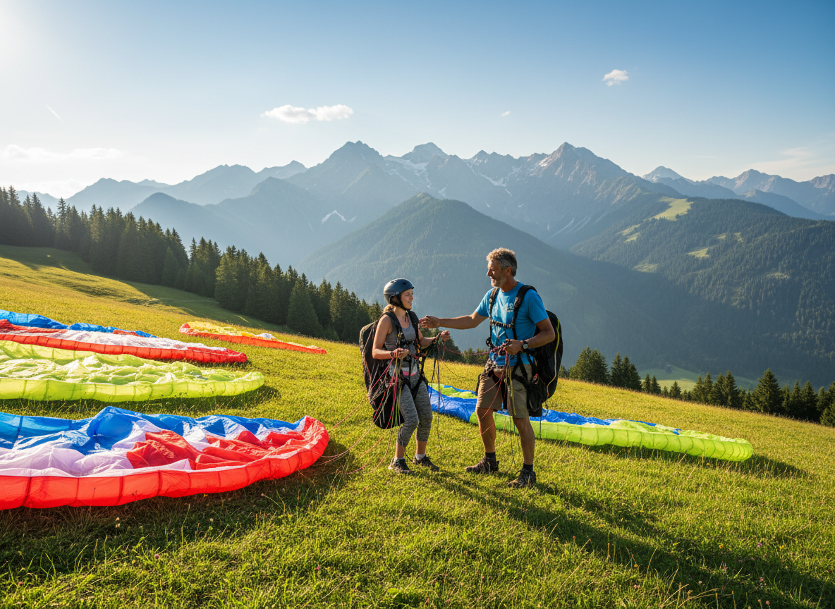 A paragliding instructor teaching a student on a green hillside, with colorful paraglider wings spread out on the ground ready for a training session, mountains in the background, bright sunny day